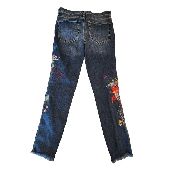 Free People Embroidered Bird Raw Hem Skinny Jeans Sz 28 Peacock Floral - Picture 2 of 15